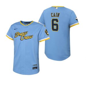 Youth Milwaukee Brewers Lorenzo Cain Powder Blue 2022 City Connect Replica Jersey