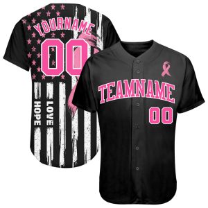 Custom 3D American Flag With Pink Ribbon Breast Cancer Awareness Month Women Health Care Support Personalized Baseball Jersey