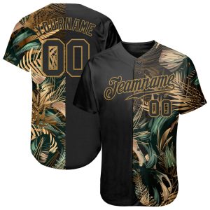 Custom 3D Pattern Design Golden And Green Tropical Leaves In The Style Of Jungalow And Hawaii Personalized Baseball Jersey