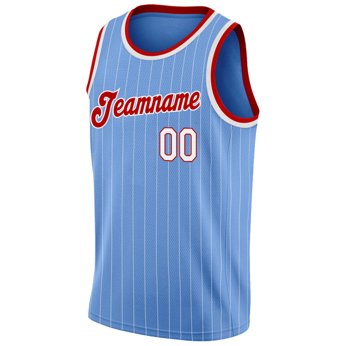 Custom Light Blue White Pinstripe White-Red Personalized Basketball Jersey  – Let the colors inspire you!