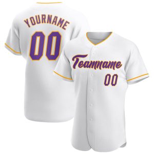 Custom White Purple-Gold Personalized Baseball Jersey
