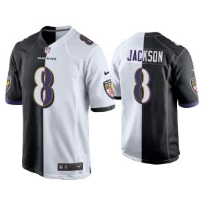 Lamar Jackson Baltimore Ravens Black White Split Game Jersey
