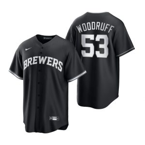 Men Milwaukee Brewers Brandon Woodruff Black White 2021 All Black Fashion Replica Jersey