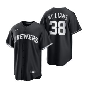 Men Milwaukee Brewers Devin Williams Black White 2021 All Black Fashion Replica Jersey