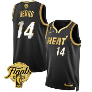 Miami Heat #14 Tyler Herro Black Gold Edition 2023 Finals Collection With NO.6 Patch Stitched Jersey