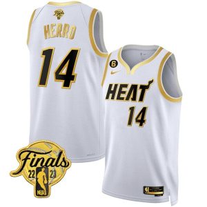 Miami Heat #14 Tyler Herro White Gold Edition 2023 Finals Collection With NO.6 Patch Stitched Jersey