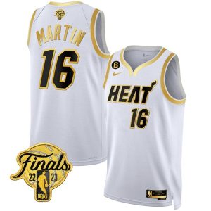 Miami Heat #16 Caleb Martin White Gold Edition 2023 Finals Collection & NO.6 Patch Stitched Jersey