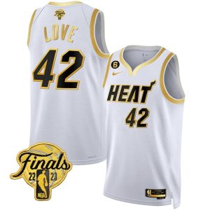 Miami Heat #42 Kevin Love White Gold Edition 2023 Finals Collection With NO.6 Patch Stitched Jersey